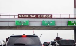  Toll plaza and traffic on the Mackinaw Bridge in Michigan.