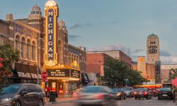  Michigan Theater on State Street downtown during sunset with cars