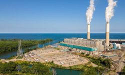 Aerial view of the Monroe Coal-Fired Power Plant on the shore of Lake Erie, Monroe Michigan