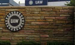 The official UAW emblem outside the labor union's headquarters on E. Jefferson Ave.