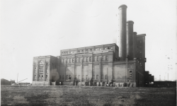 black and white photo of former Detroit Edison plant