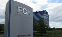 A sign welcoming visitors to the headquarters campus of Fiat Chrysler Automobiles company outside Detroit.