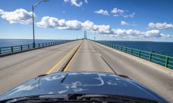 Driving Across The Mackinaw Bridge In Michigan