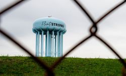 Water tower in Flint, Michigan. The tower says "Flint Strong"
