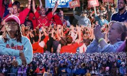 A photo montage of supporters of both Donald Trump and Kamala Harris