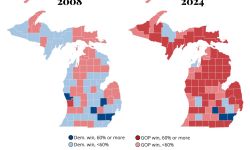 Left, 2008 map of the presidential map in Michigan; 2024 map of the presidential map in Michigan