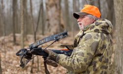 A man holding a bow in the woods. 