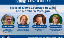 Bridge regional editor Justin Hinkley, Ben Slocum, chair of the board for the Petoskey Chamber, Jonathan Seyferth, city manager of Muskegon, and Allison Donahue, program manager at Grand Rapids nonprofit news source the Rapidian