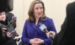 Michigan Secretary of State Jocelyn Benson speaks to reporters. 
