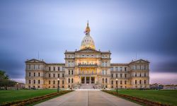 Lansing, Michigan at the Michigan State Capitol in the evening.