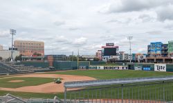 A mostly empty Jackson Field in Lansing, Michigan.