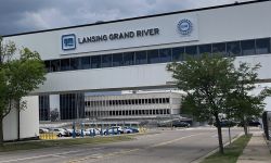 A sign for General Motors’ factory in Lansing. 
