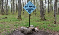 A sign in a clearing in the woods informs passersby they've reached the top of Michigan's highest natural point