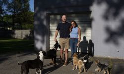 Kim Bode and Josh Byler pose outside. They are surrounded by dogs. 