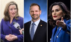 Michigan Secretary of State Jocelyn Benson, state Rep. Bryan Posthumus and Gov. Gretchen Whitmer headshots.