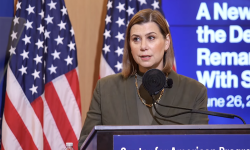 Michigan US Sen. Elissa Slotkin at a podium. 