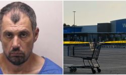 Bradford Gille mugshoot on the left. Police tape at a Traverse City area Walmart on the right.