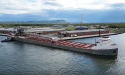 A freighter is seen at dock on the Great Lakes