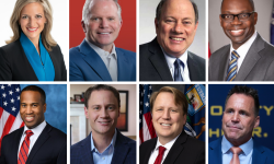 Headshots of Jocelyn Benson, Mike Cox, Mike Duggan, Garlin Gilchrist II, John James, Tom Leonard, Aric Nesbitt and Chris Swanson headshots.