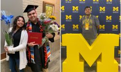 Renato Recillas with his graduation robe on the left. On the right, Recillas poses next to a University of Michigan logo.