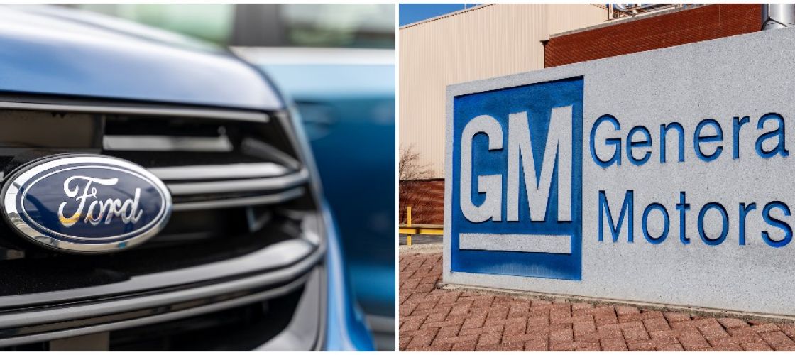 ford car on the left, gm sign on the right