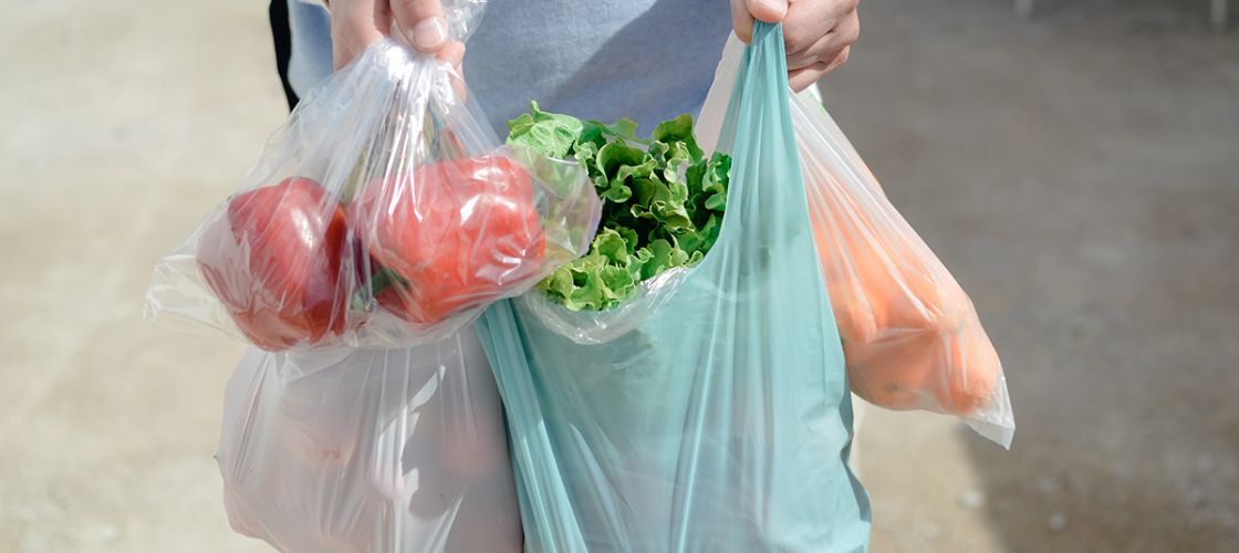 Close up on person buyer hold groceries in bags. 
