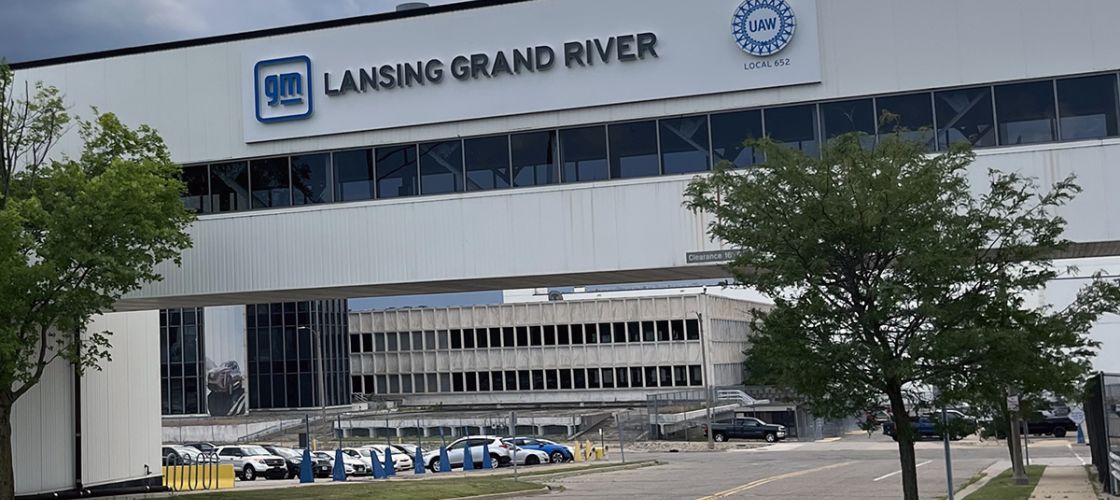 A sign for General Motors’ factory in Lansing. 