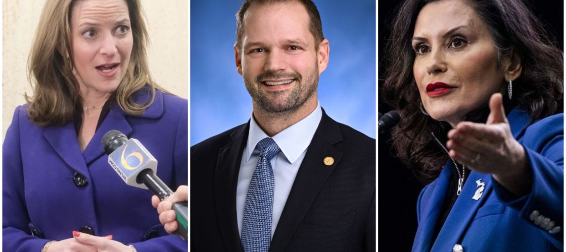 Michigan Secretary of State Jocelyn Benson, state Rep. Bryan Posthumus and Gov. Gretchen Whitmer headshots.