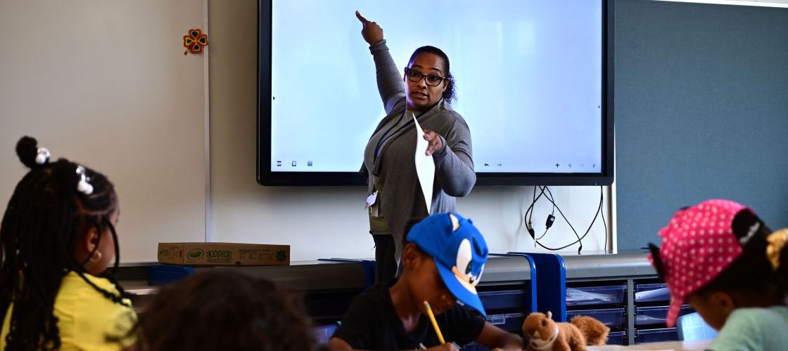Teacher in front of the classroom. 