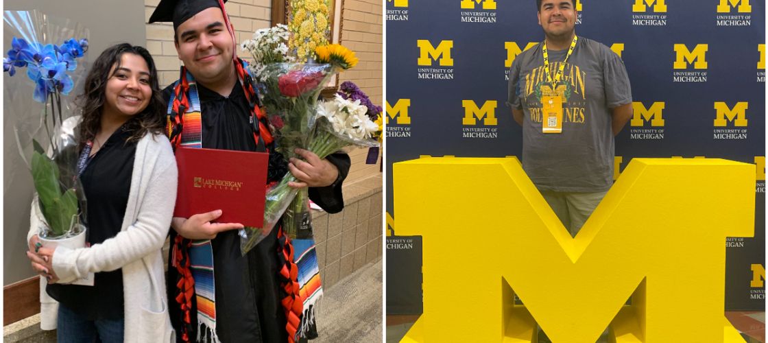 Renato Recillas with his graduation robe on the left. On the right, Recillas poses next to a University of Michigan logo.