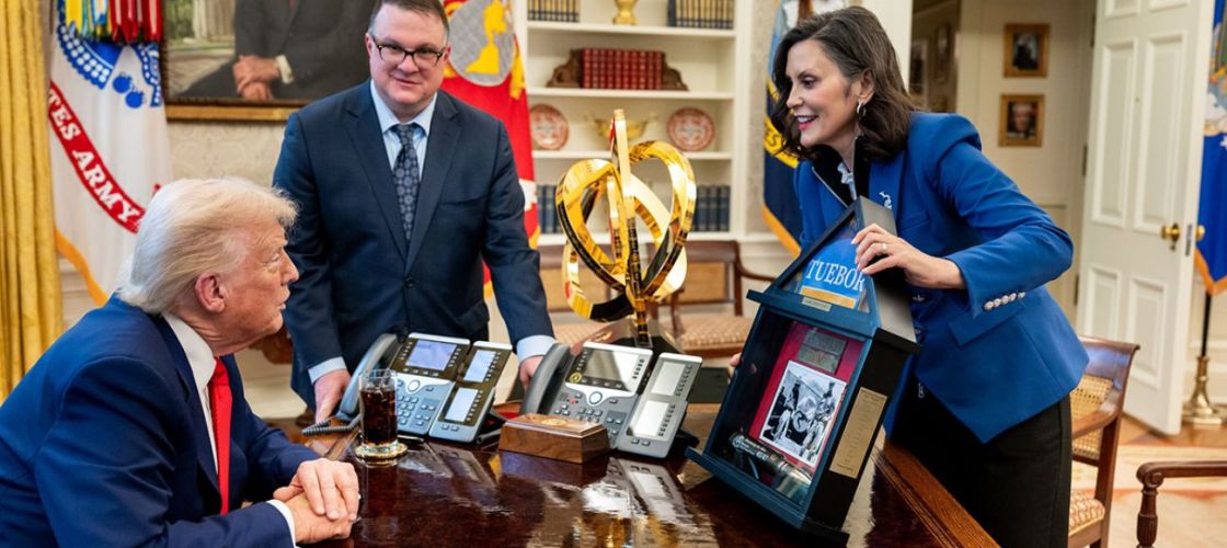 President Donald Trump, Gov. Gretchen Whitmer and Michigan House Speaker Matt Hall in the Oval Office.